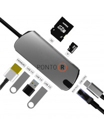 ADAPTADOR 8 em 1 TIPO C A HUB com portas USB-C USB 3.0 HDMI SD TF RJ45 BASIX BYL-2010N3