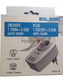 ENCHUFE com 1 TOMA + 3 Portas USB até 3680W ELBE EN-001-UB
