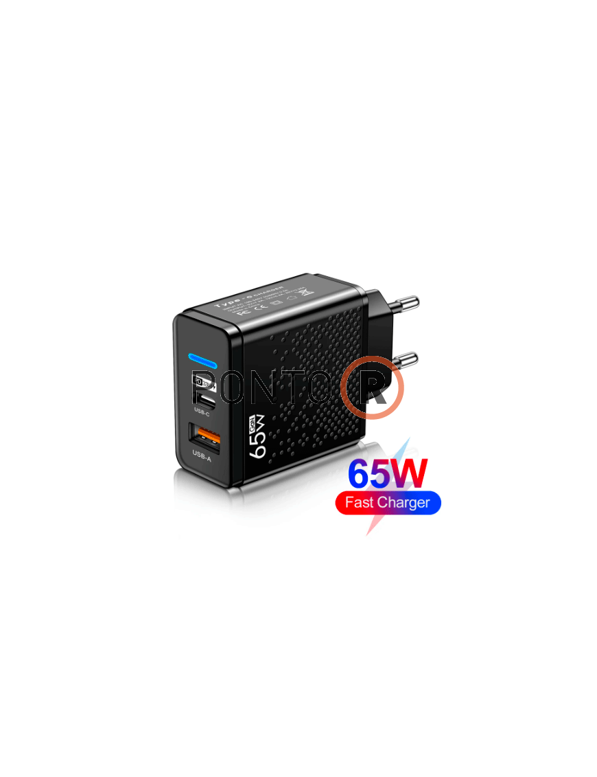Carregador Rápido USB C GAN 65W Cor preto