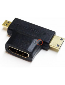 ADAPTADOR HDMI Femea TIPO T 2 em 1 com MINI HDMI MACHO e MICRO HDMI MACHO