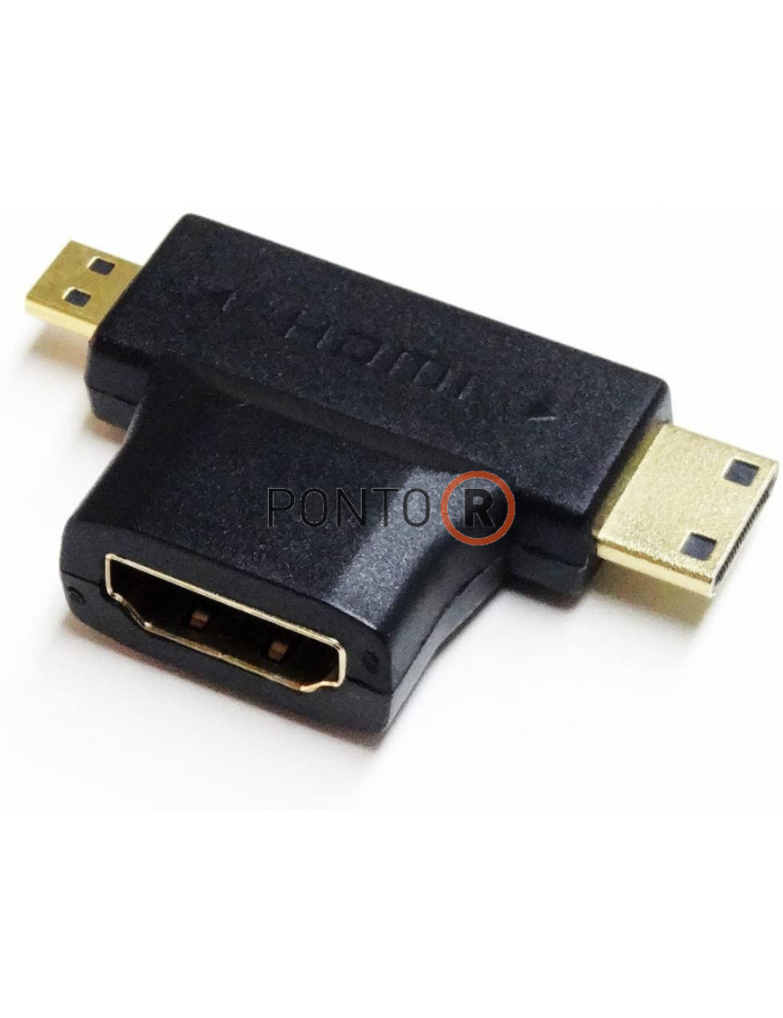 ADAPTADOR HDMI Femea TIPO T 2 em 1 com MINI HDMI MACHO e MICRO HDMI MACHO